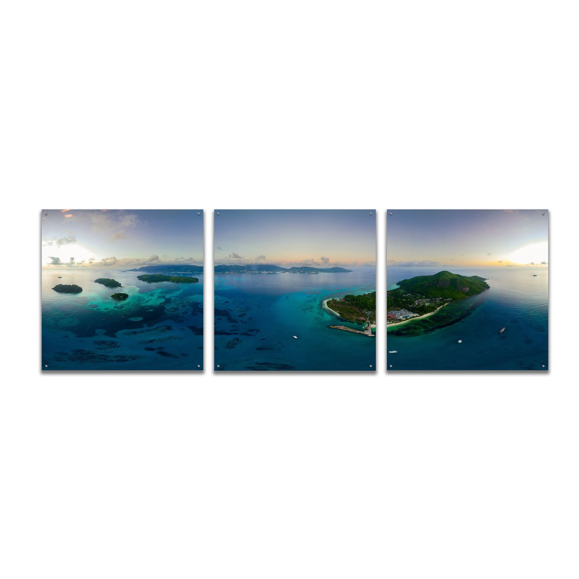 Epic Art 'Seychelles - Mahe from the sky' by Epic Portfolio, Acrylic Glass Wall Art, 3 Piece Set,108x36