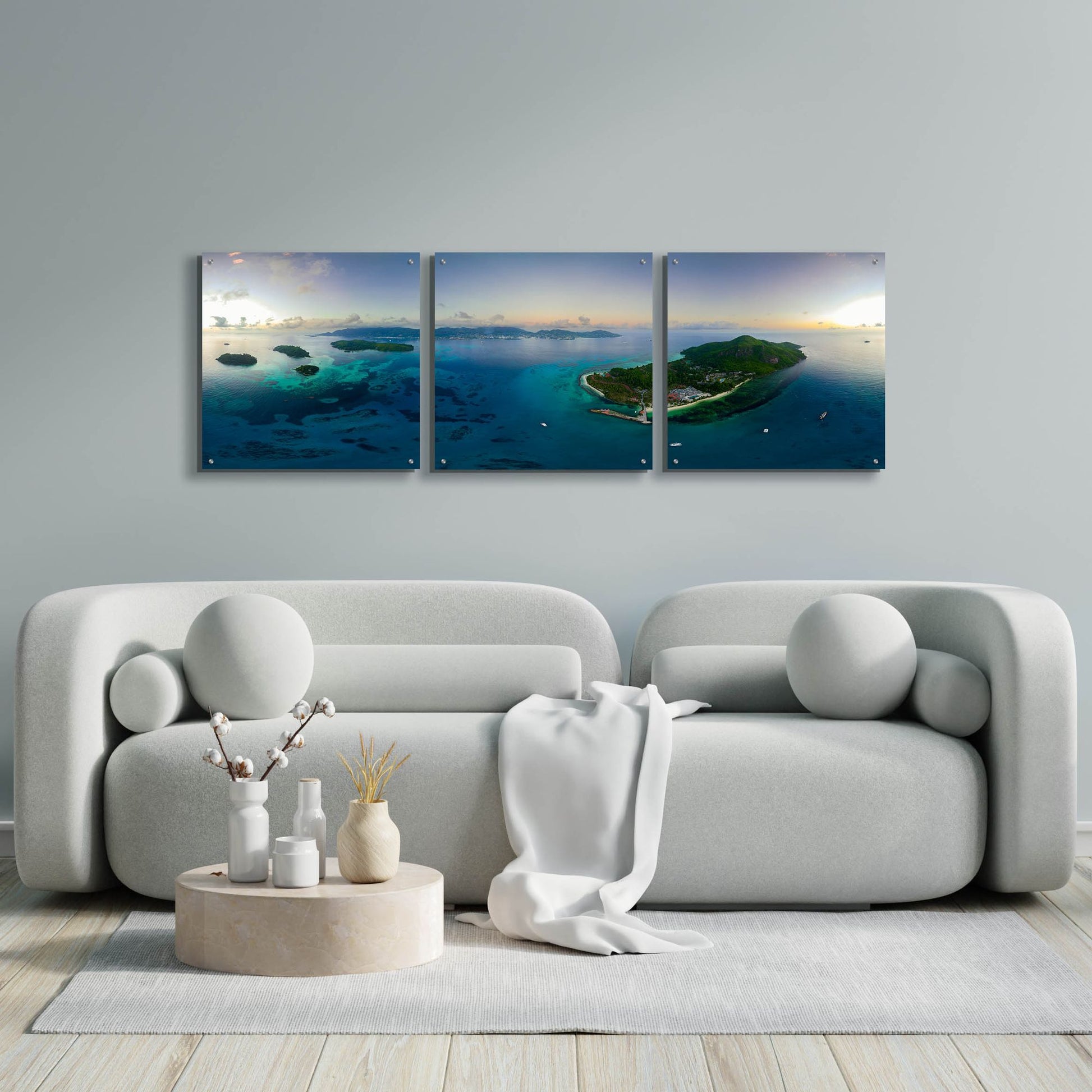 Epic Art 'Seychelles - Mahe from the sky' by Epic Portfolio, Acrylic Glass Wall Art, 3 Piece Set,72x24