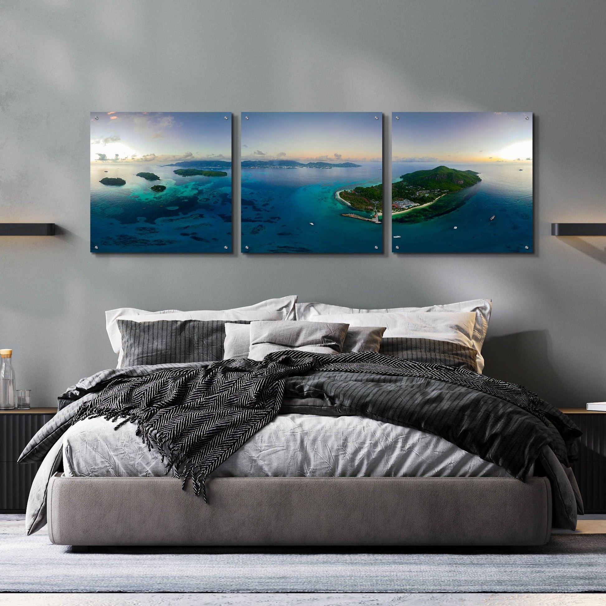 Epic Art 'Seychelles - Mahe from the sky' by Epic Portfolio, Acrylic Glass Wall Art, 3 Piece Set,72x24