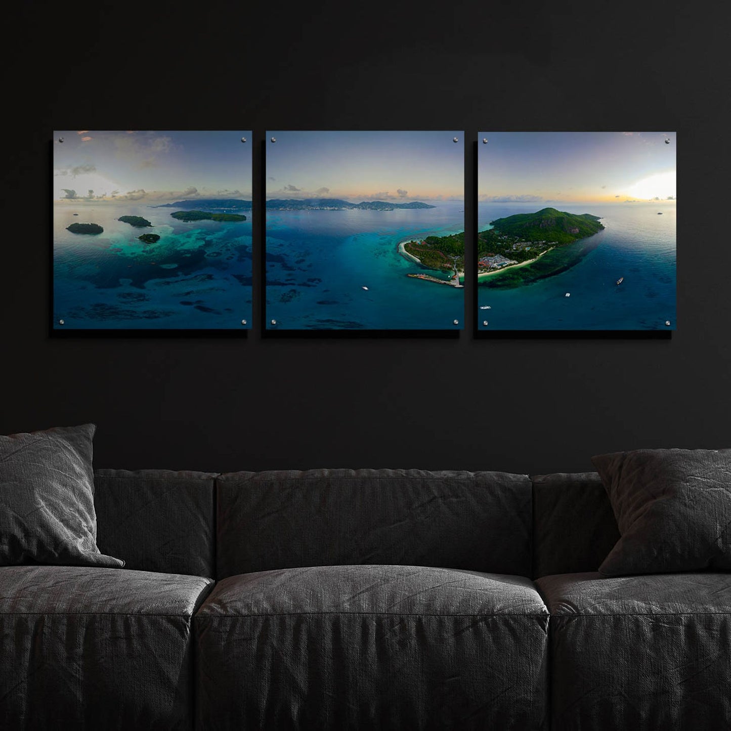 Epic Art 'Seychelles - Mahe from the sky' by Epic Portfolio, Acrylic Glass Wall Art, 3 Piece Set,72x24