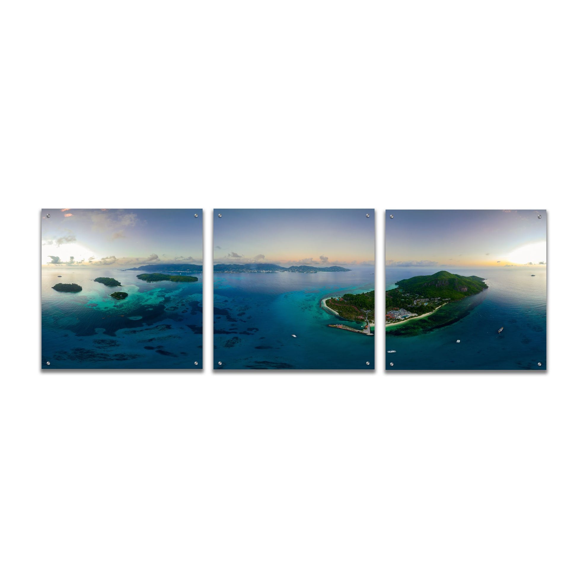 Epic Art 'Seychelles - Mahe from the sky' by Epic Portfolio, Acrylic Glass Wall Art, 3 Piece Set,72x24