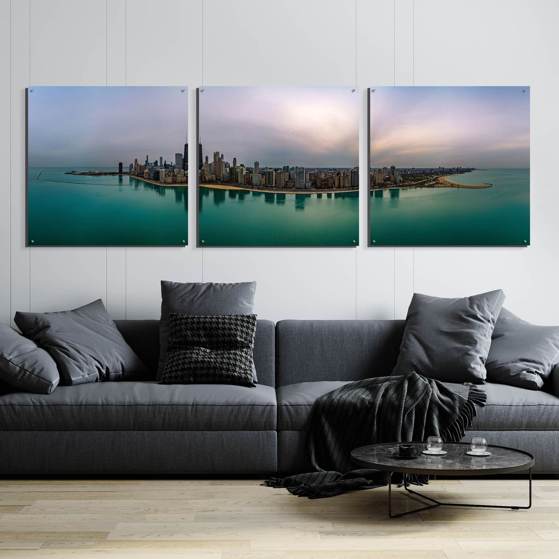 Epic Art 'Cloudy Winter in Chicago' by Epic Portfolio, Acrylic Glass Wall Art, 3 Piece Set,108x36