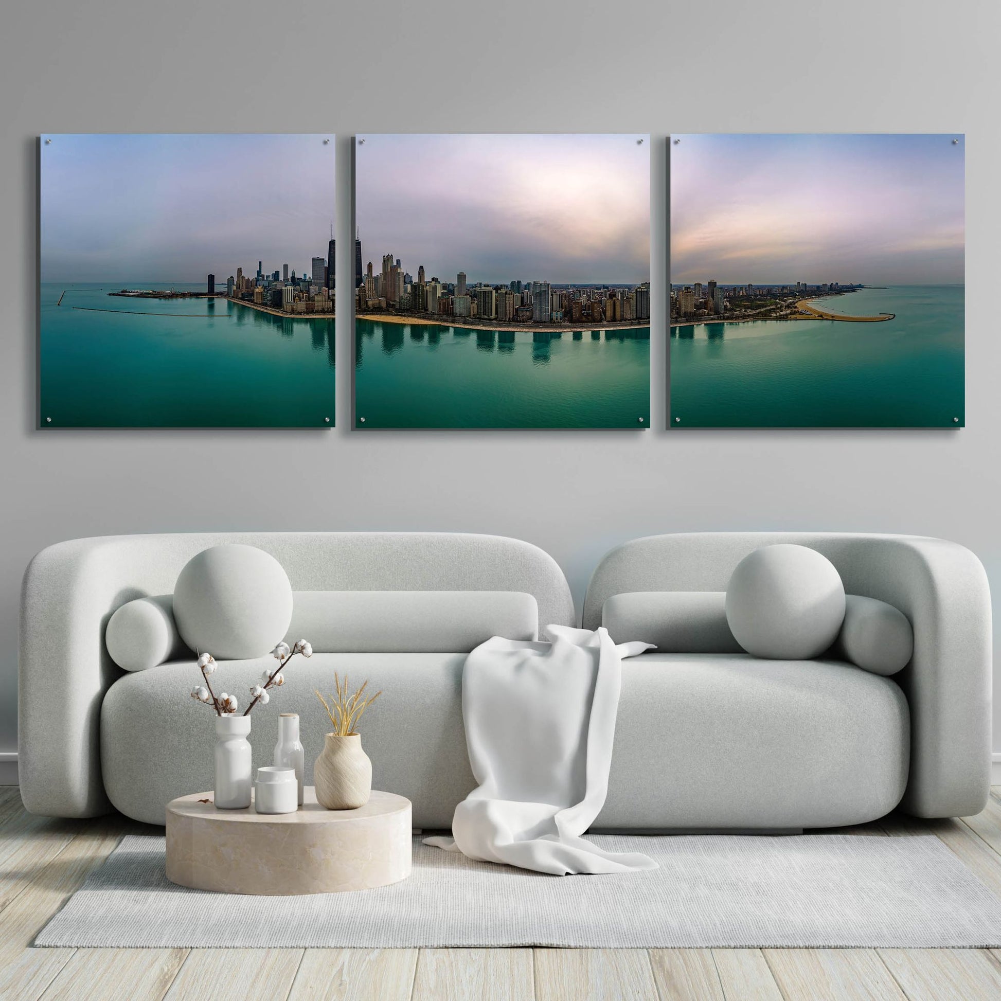 Epic Art 'Cloudy Winter in Chicago' by Epic Portfolio, Acrylic Glass Wall Art, 3 Piece Set,108x36