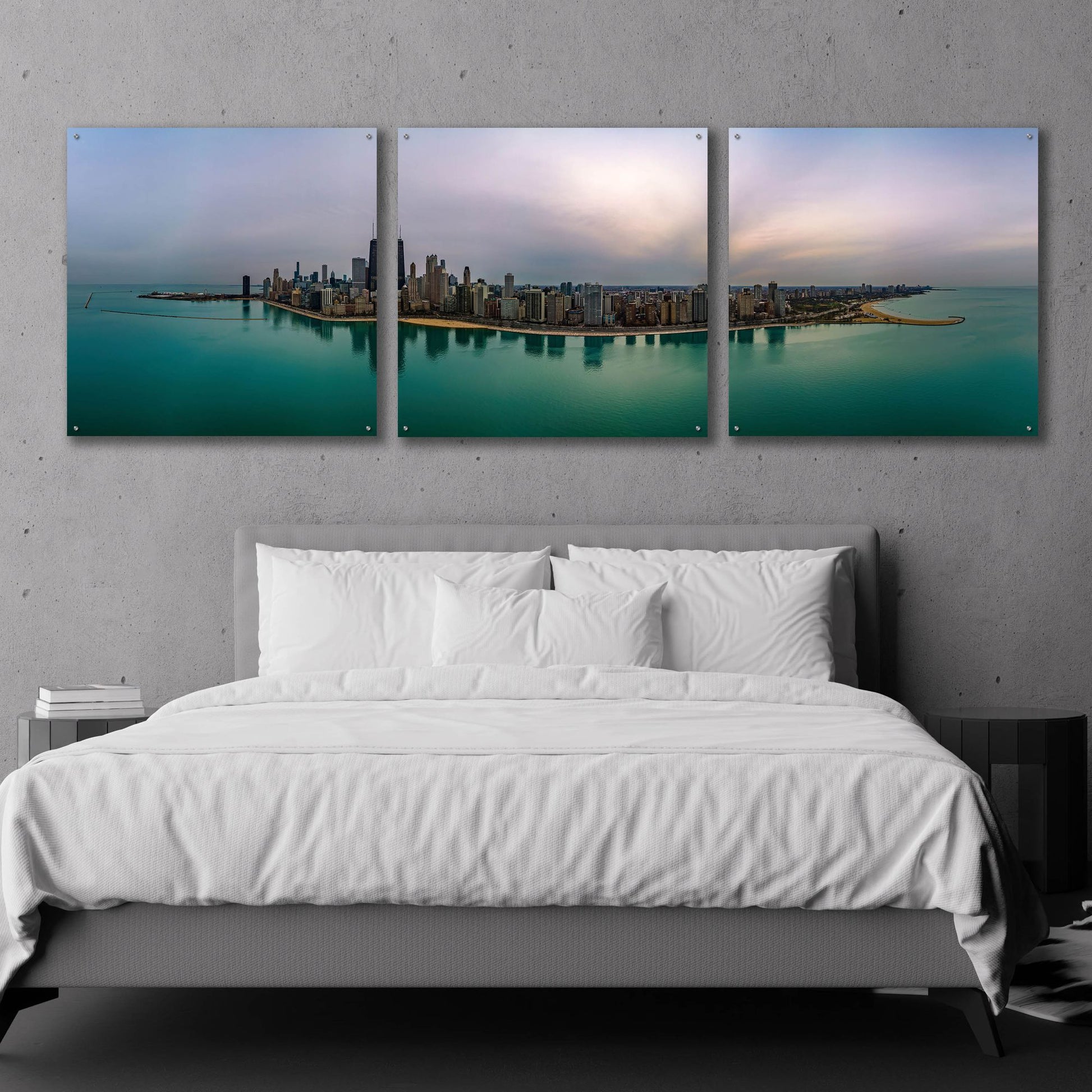 Epic Art 'Cloudy Winter in Chicago' by Epic Portfolio, Acrylic Glass Wall Art, 3 Piece Set,108x36