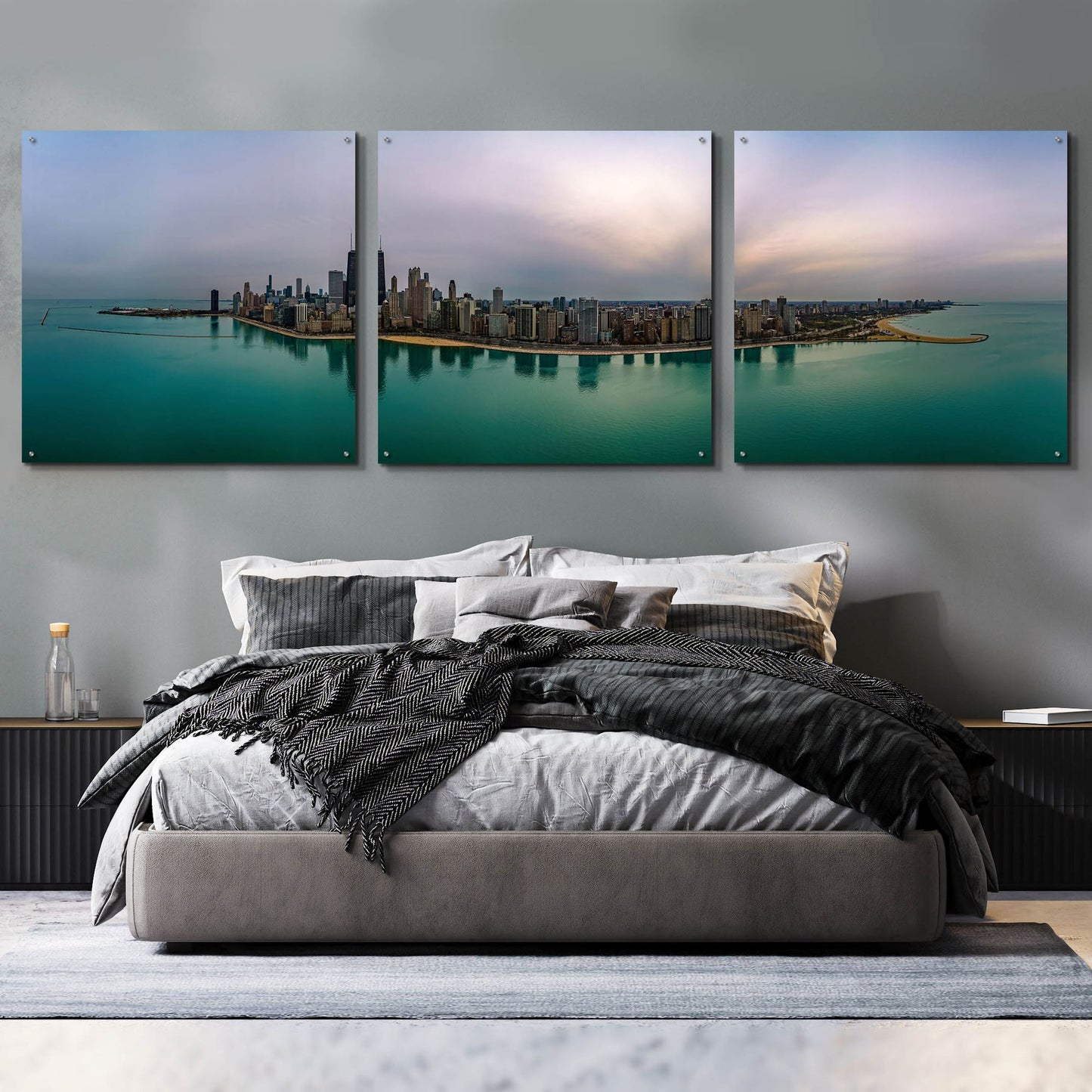 Epic Art 'Cloudy Winter in Chicago' by Epic Portfolio, Acrylic Glass Wall Art, 3 Piece Set,108x36