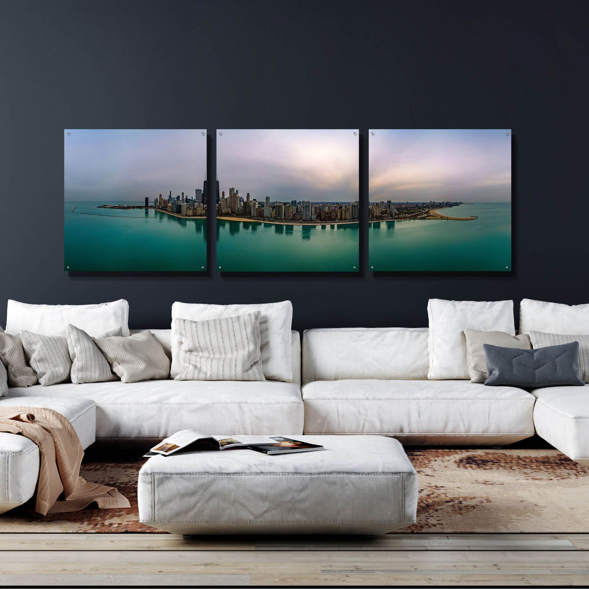 Epic Art 'Cloudy Winter in Chicago' by Epic Portfolio, Acrylic Glass Wall Art, 3 Piece Set,108x36