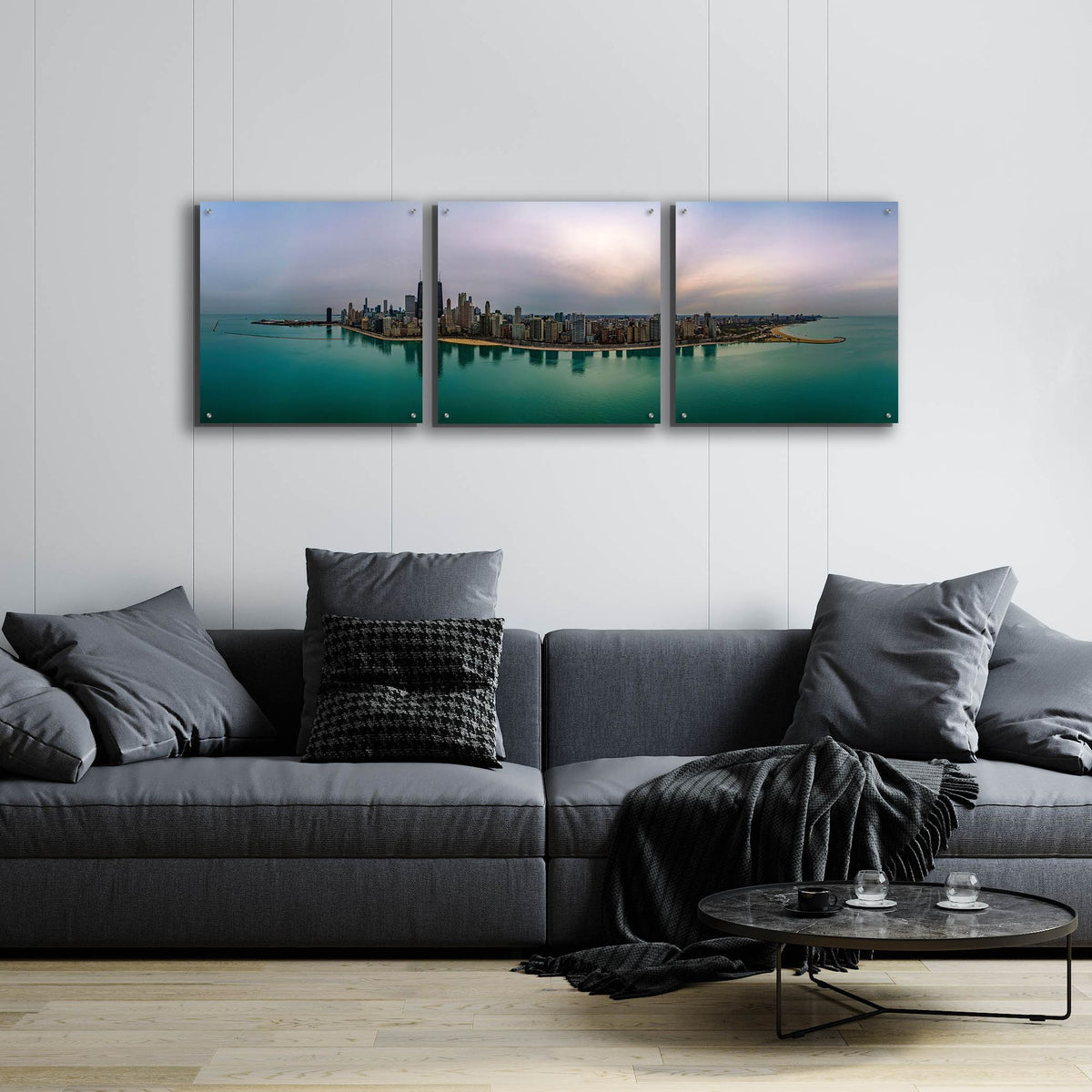 Epic Art 'Cloudy Winter in Chicago' by Epic Portfolio, Acrylic Glass Wall Art, 3 Piece Set,72x24