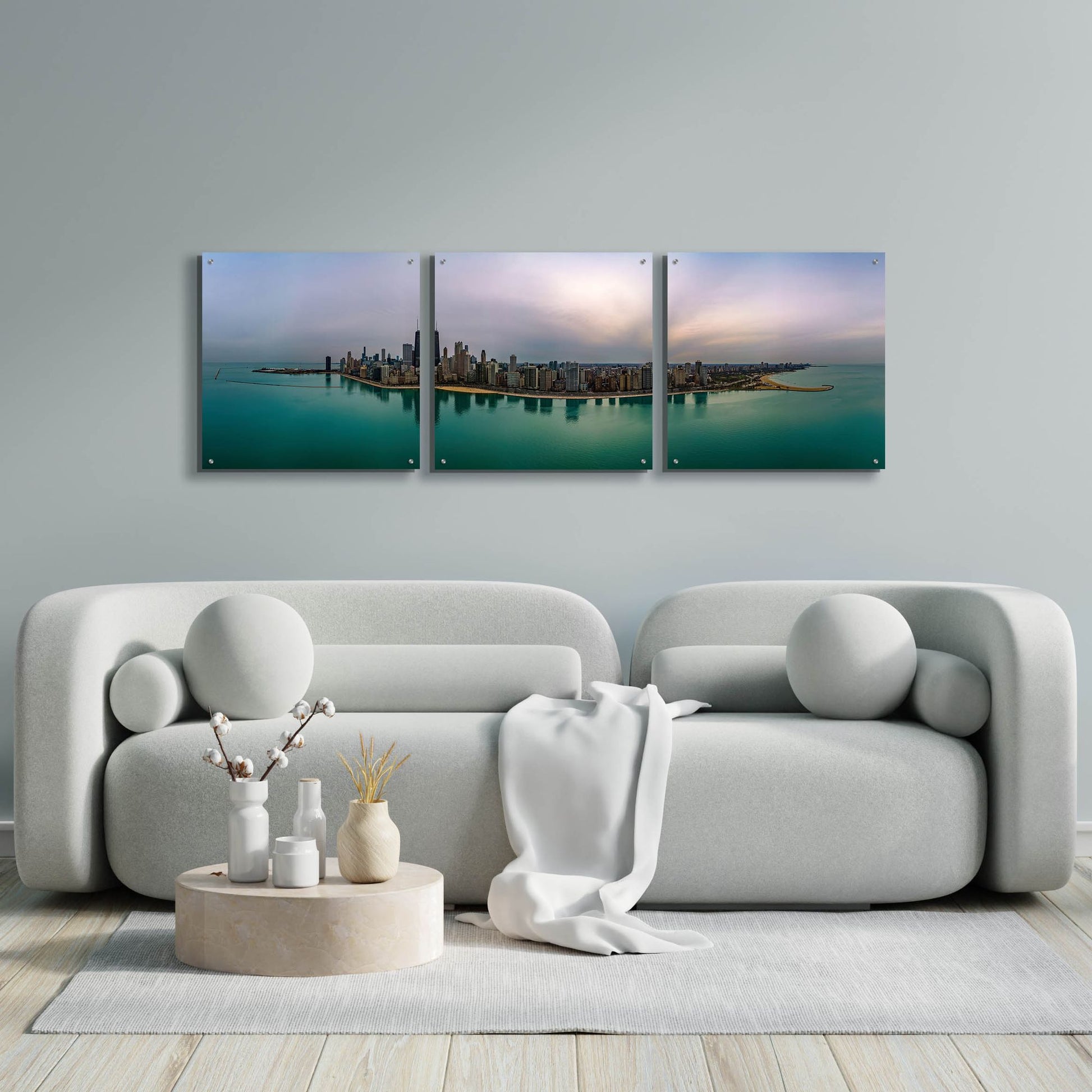 Epic Art 'Cloudy Winter in Chicago' by Epic Portfolio, Acrylic Glass Wall Art, 3 Piece Set,72x24