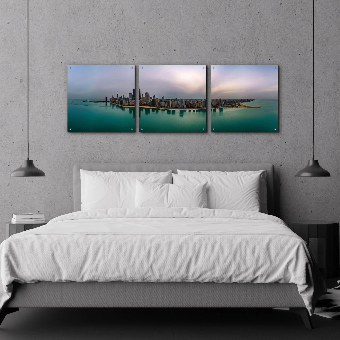 Epic Art 'Cloudy Winter in Chicago' by Epic Portfolio, Acrylic Glass Wall Art, 3 Piece Set,72x24