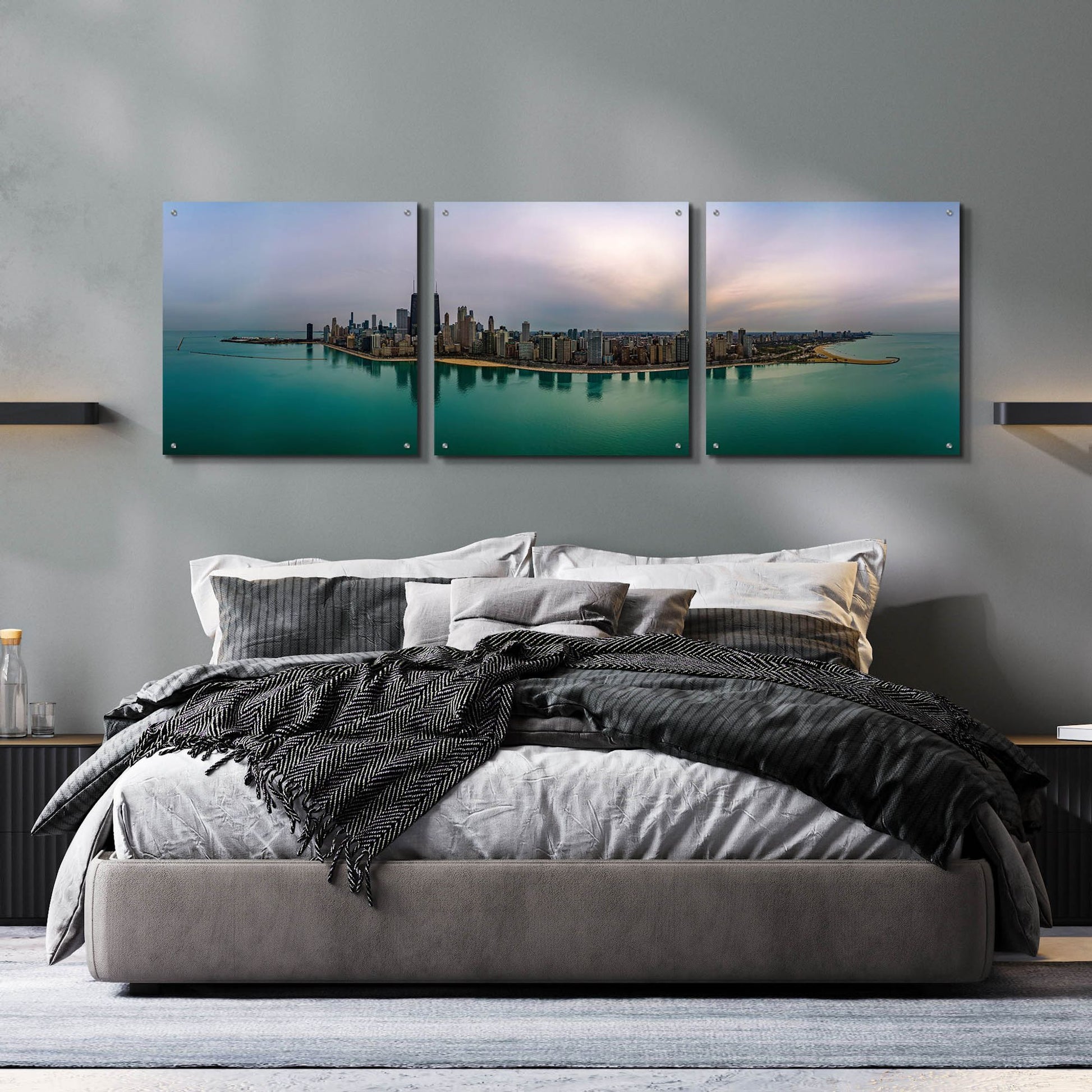 Epic Art 'Cloudy Winter in Chicago' by Epic Portfolio, Acrylic Glass Wall Art, 3 Piece Set,72x24