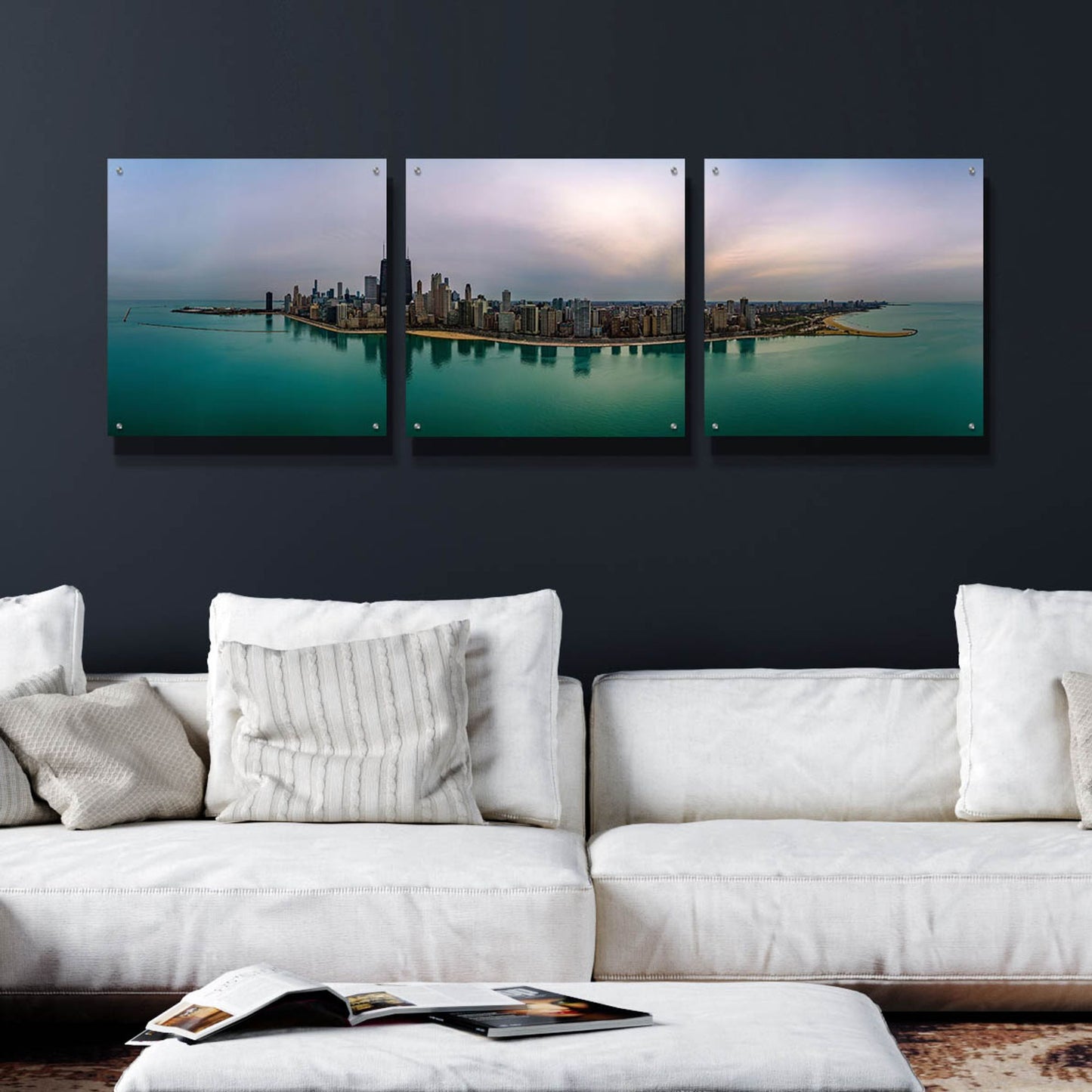 Epic Art 'Cloudy Winter in Chicago' by Epic Portfolio, Acrylic Glass Wall Art, 3 Piece Set,72x24