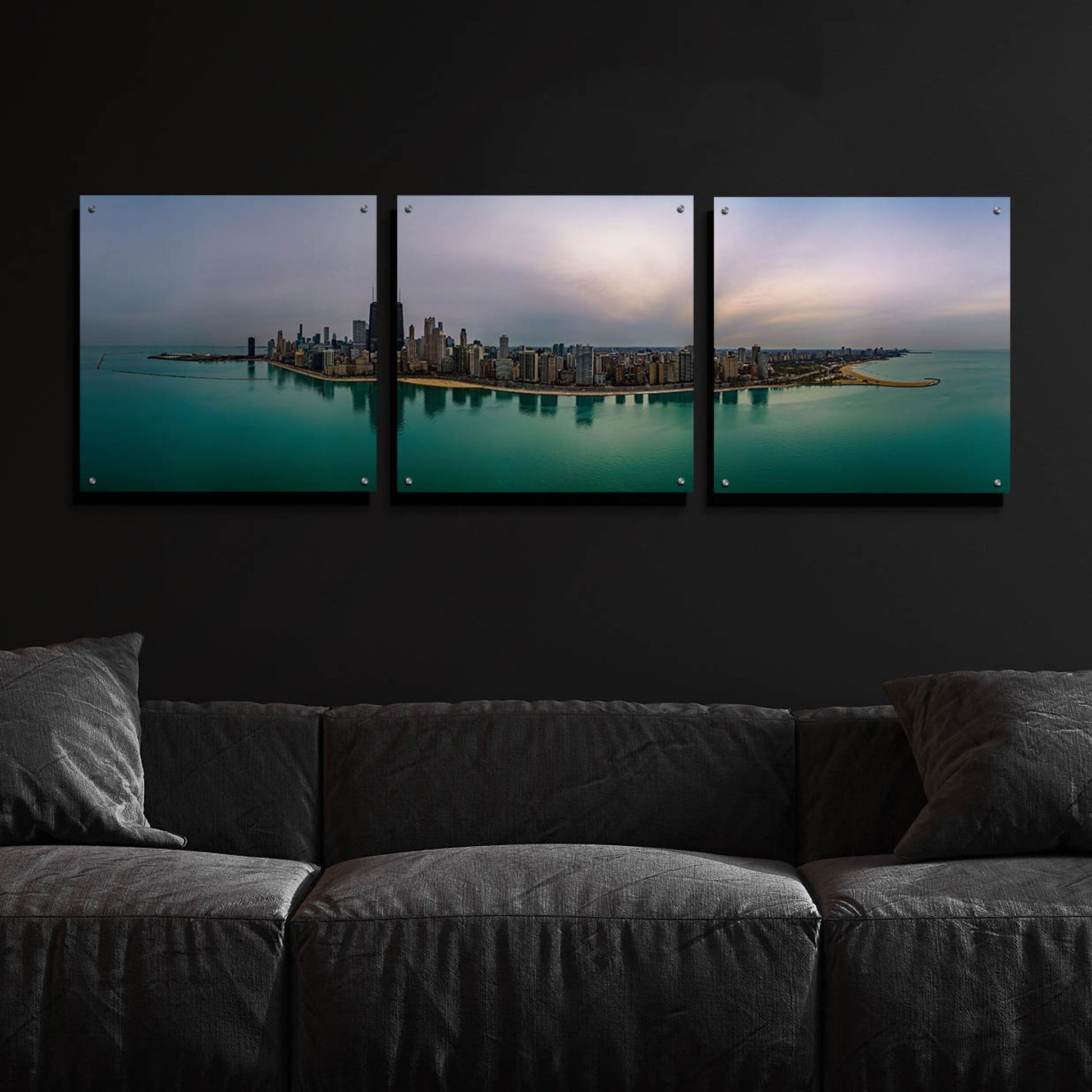 Epic Art 'Cloudy Winter in Chicago' by Epic Portfolio, Acrylic Glass Wall Art, 3 Piece Set,72x24