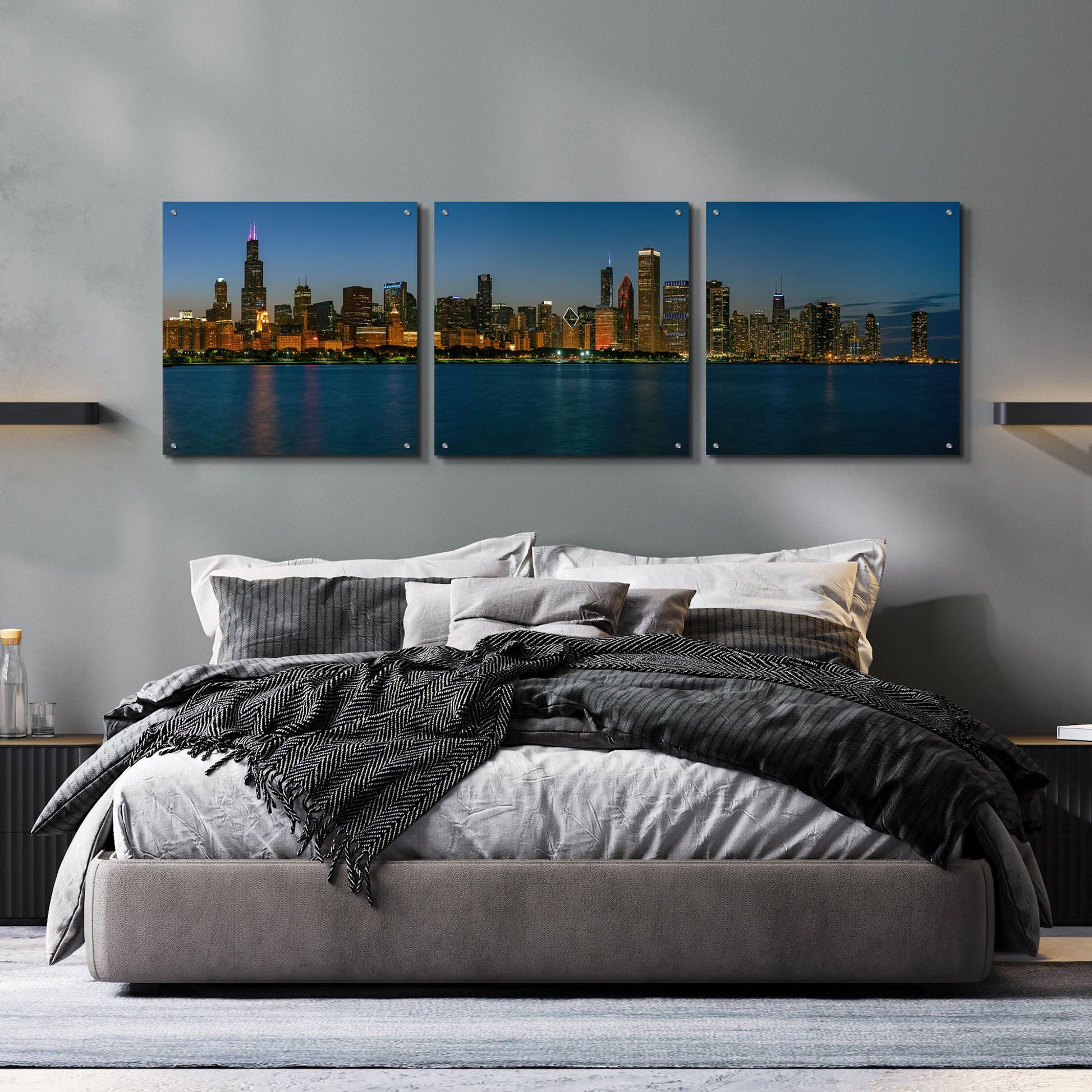 Epic Art 'Good Night Chicago' by Epic Portfolio, Acrylic Glass Wall Art, 3 Piece Set,72x24