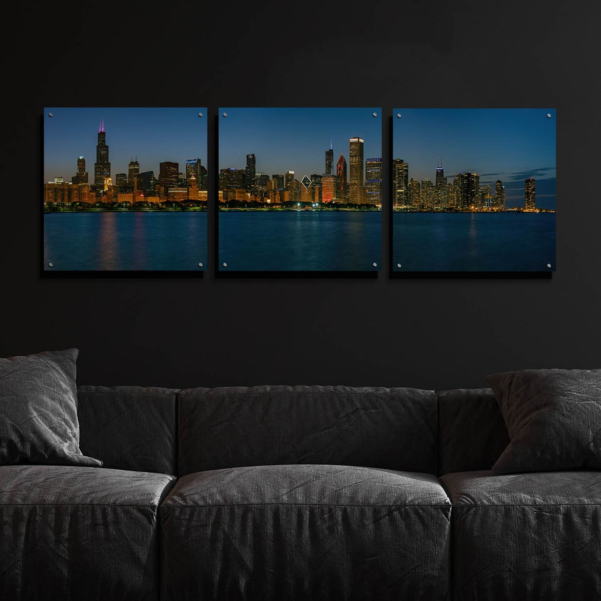 Epic Art 'Good Night Chicago' by Epic Portfolio, Acrylic Glass Wall Art, 3 Piece Set,72x24