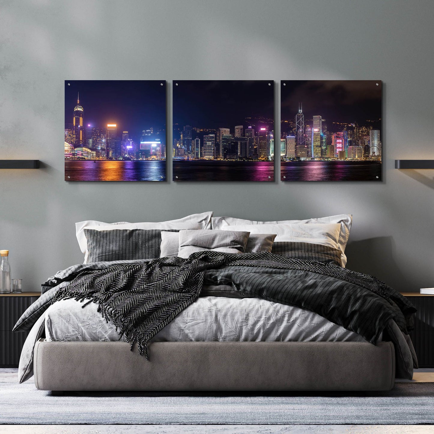 Epic Art 'Good Night Hong Kong' by Epic Portfolio, Acrylic Glass Wall Art, 3 Piece Set,72x24
