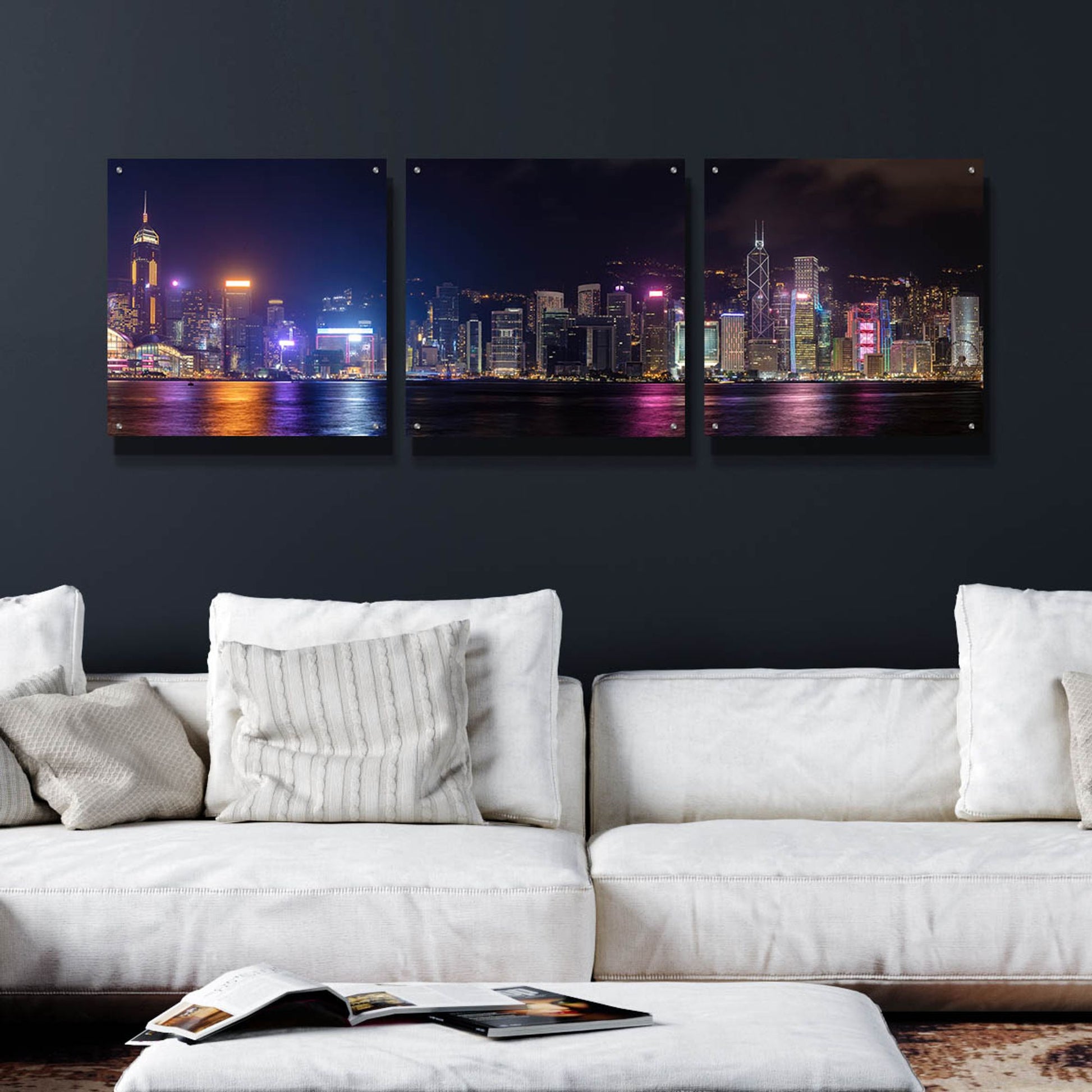 Epic Art 'Good Night Hong Kong' by Epic Portfolio, Acrylic Glass Wall Art, 3 Piece Set,72x24