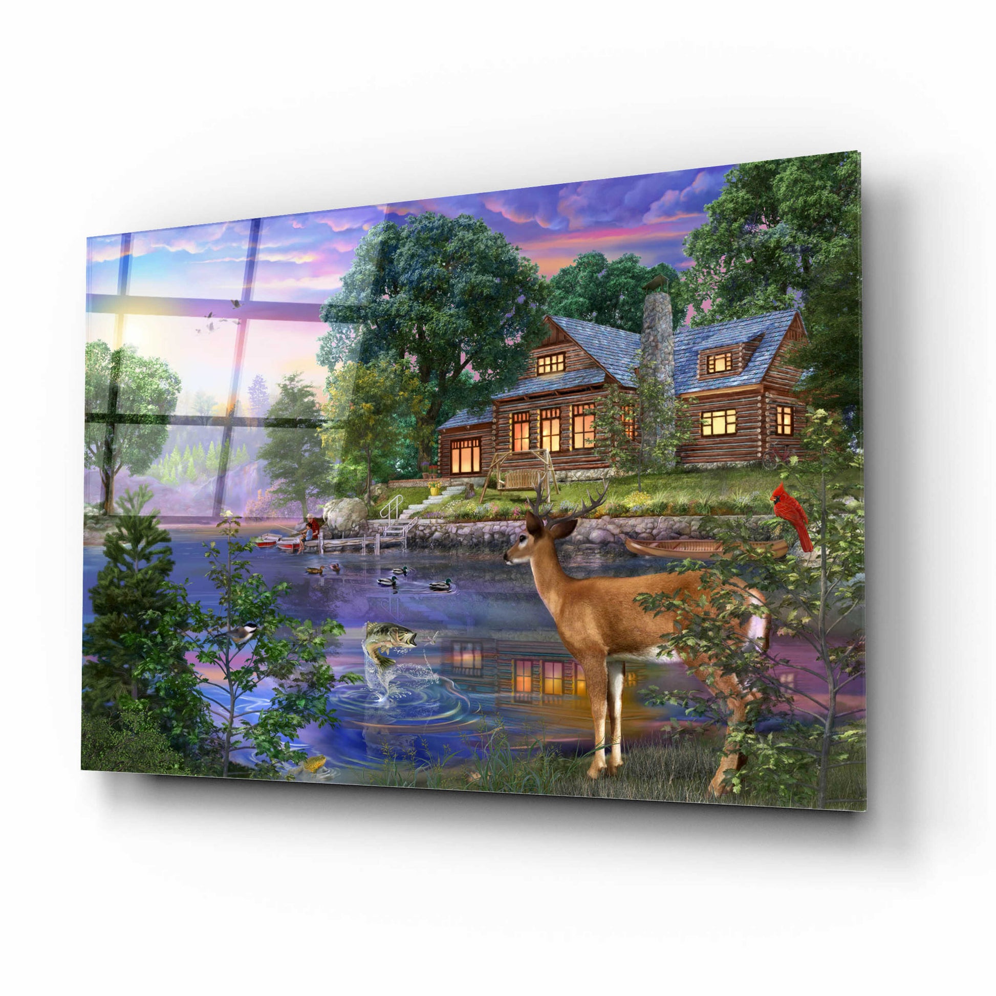 Epic Art 'White Tail Deer Lakehouse' by Bigelow Illustrations, Acrylic Glass Wall Art,16x12