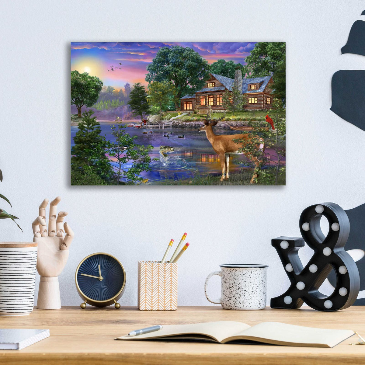 White Tail Deer Lakehouse by Bigelow Illustrations - 16x12 acrylic wall art in a room