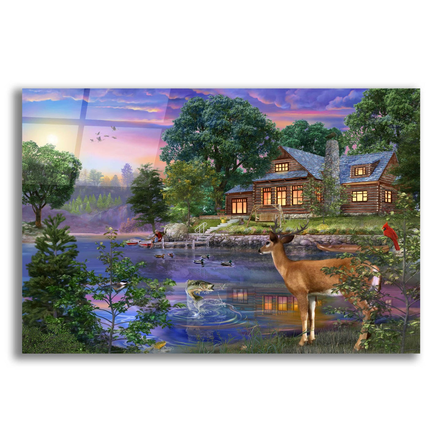 Epic Art 'White Tail Deer Lakehouse' by Bigelow Illustrations, Acrylic Glass Wall Art,16x12