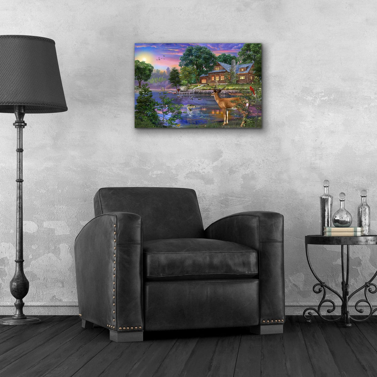 White Tail Deer Lakehouse by Bigelow Illustrations - 24x16 acrylic wall art in a room