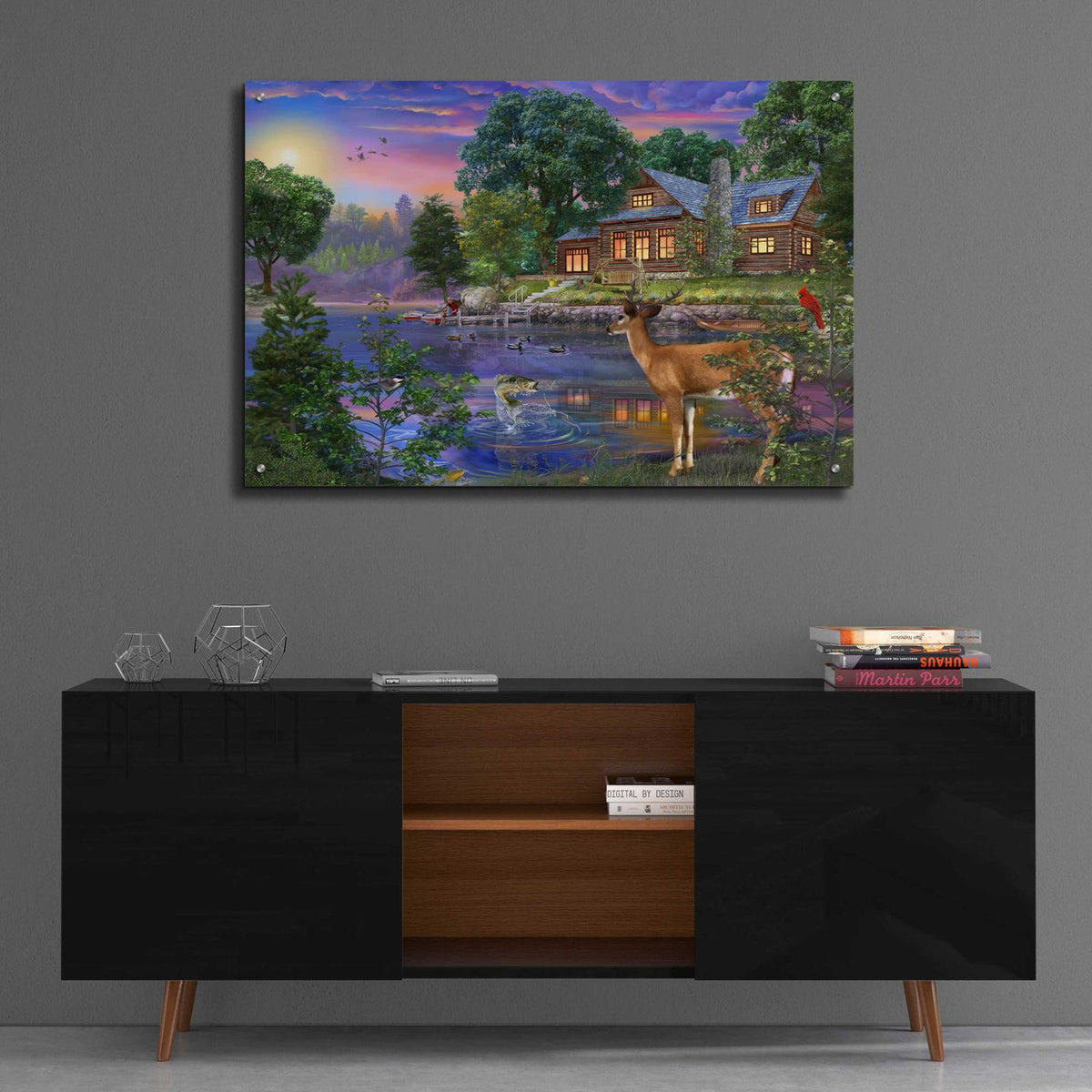 White Tail Deer Lakehouse by Bigelow Illustrations - 36x24 acrylic wall art in a room