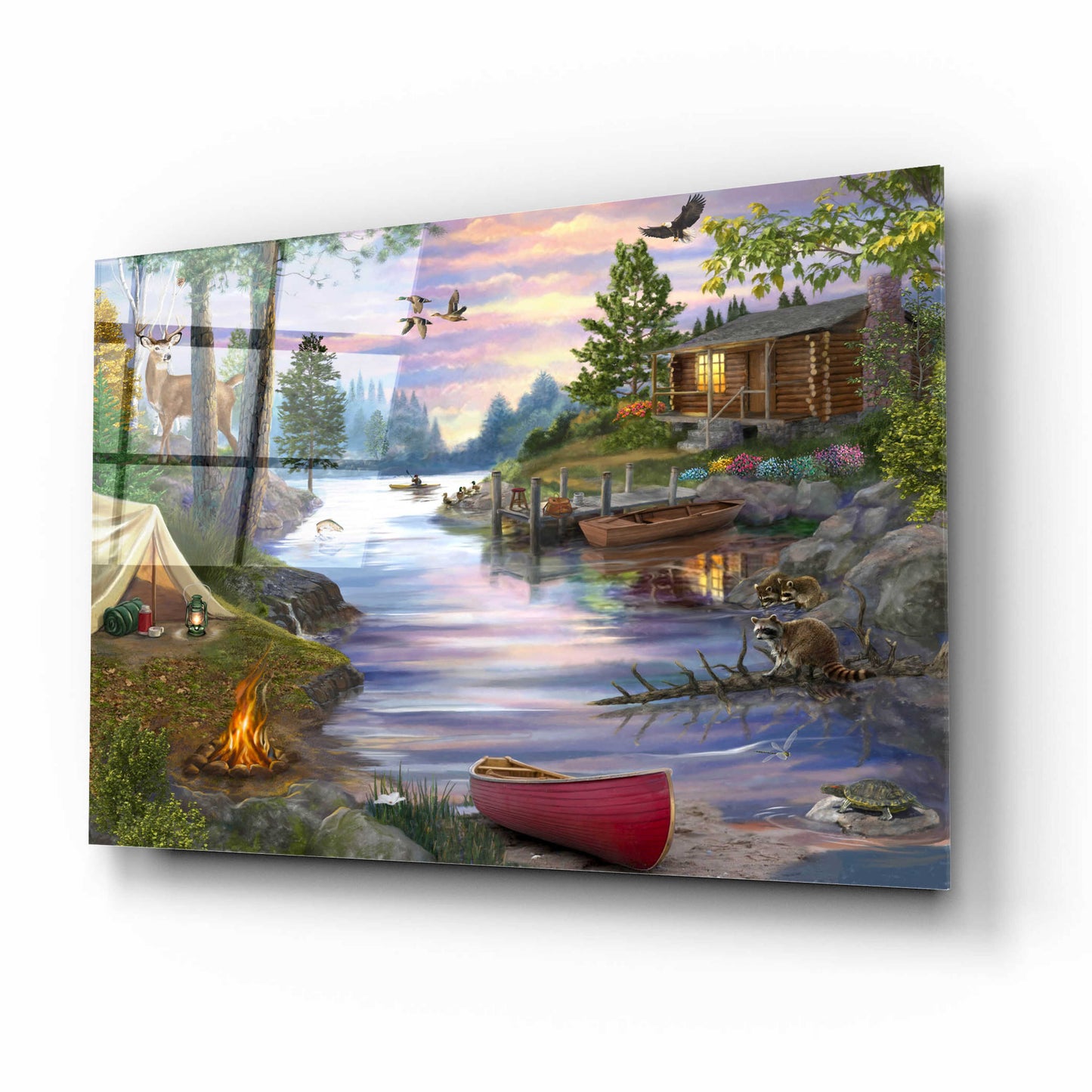 Epic Art 'Cabin Lake' by Bigelow Illustrations, Acrylic Glass Wall Art,16x12