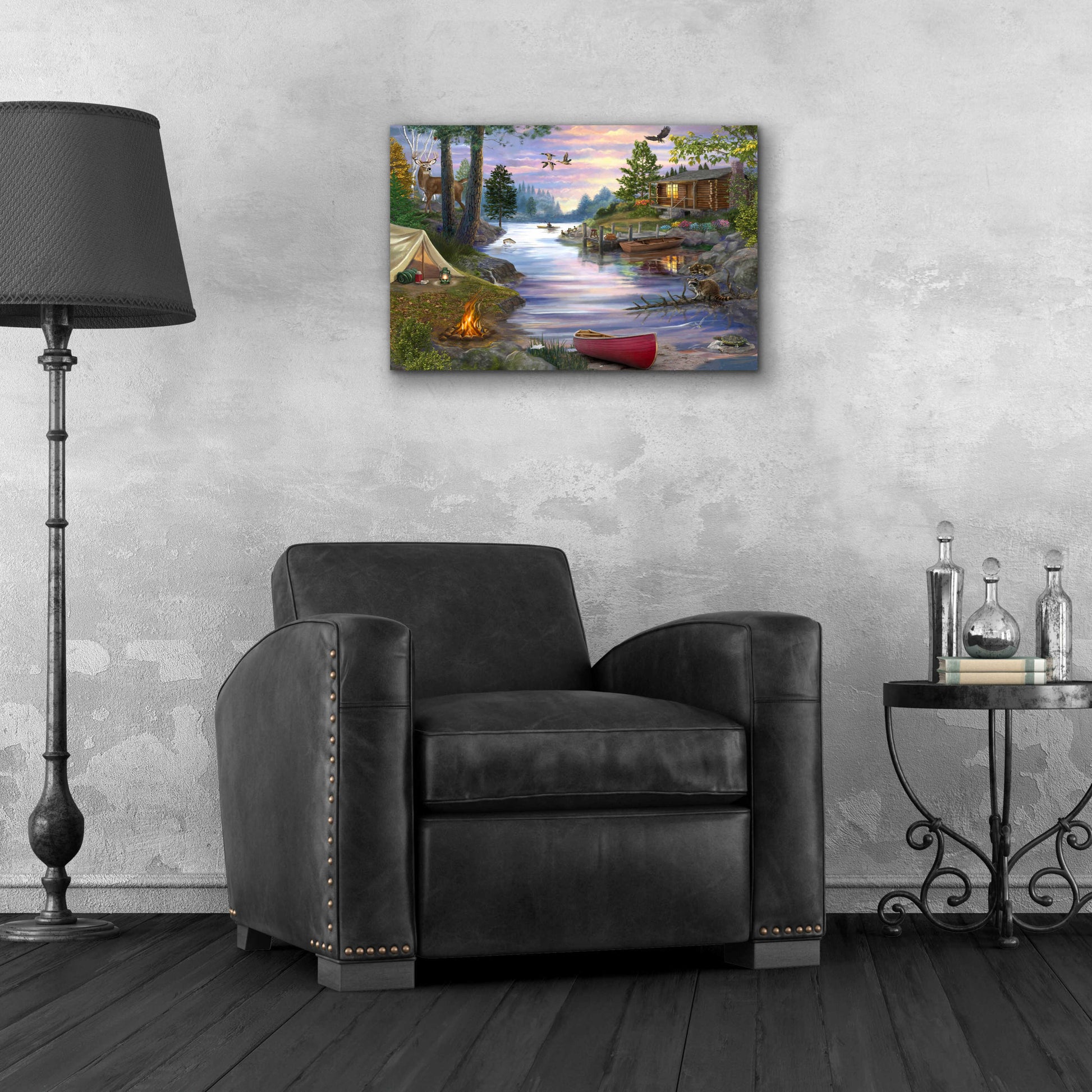 Epic Art 'Cabin Lake' by Bigelow Illustrations, Acrylic Glass Wall Art,24x16