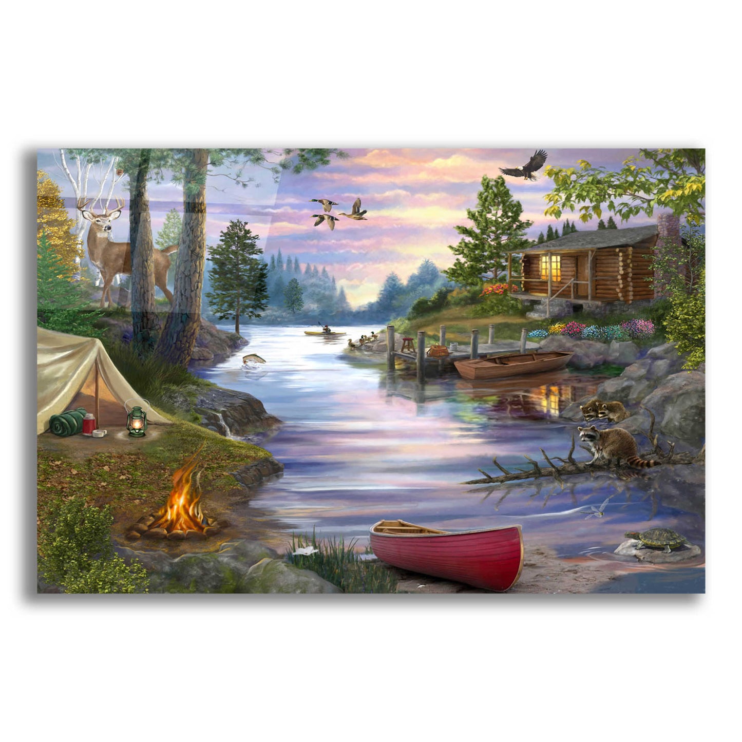 Epic Art 'Cabin Lake' by Bigelow Illustrations, Acrylic Glass Wall Art,24x16