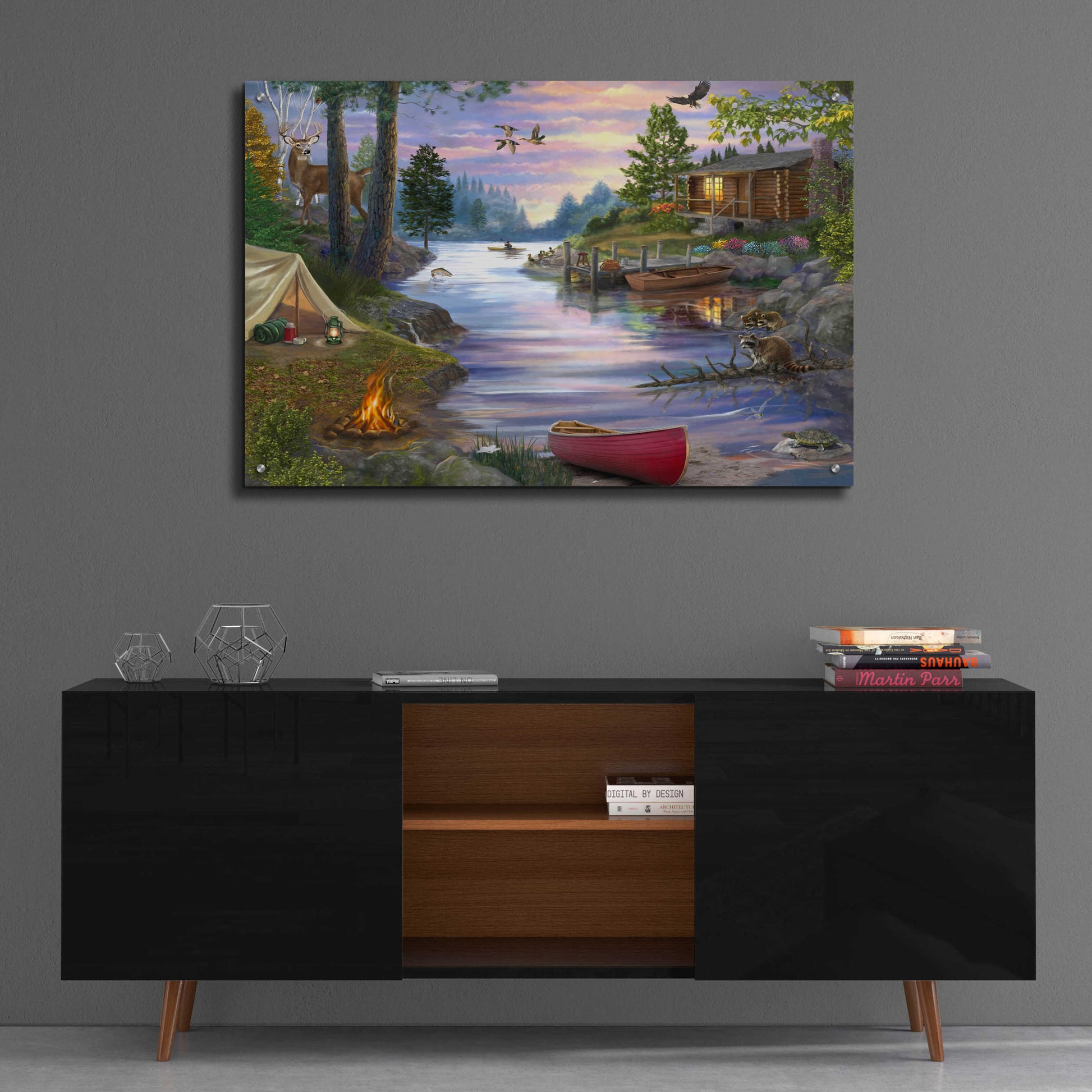 Epic Art 'Cabin Lake' by Bigelow Illustrations, Acrylic Glass Wall Art,36x24