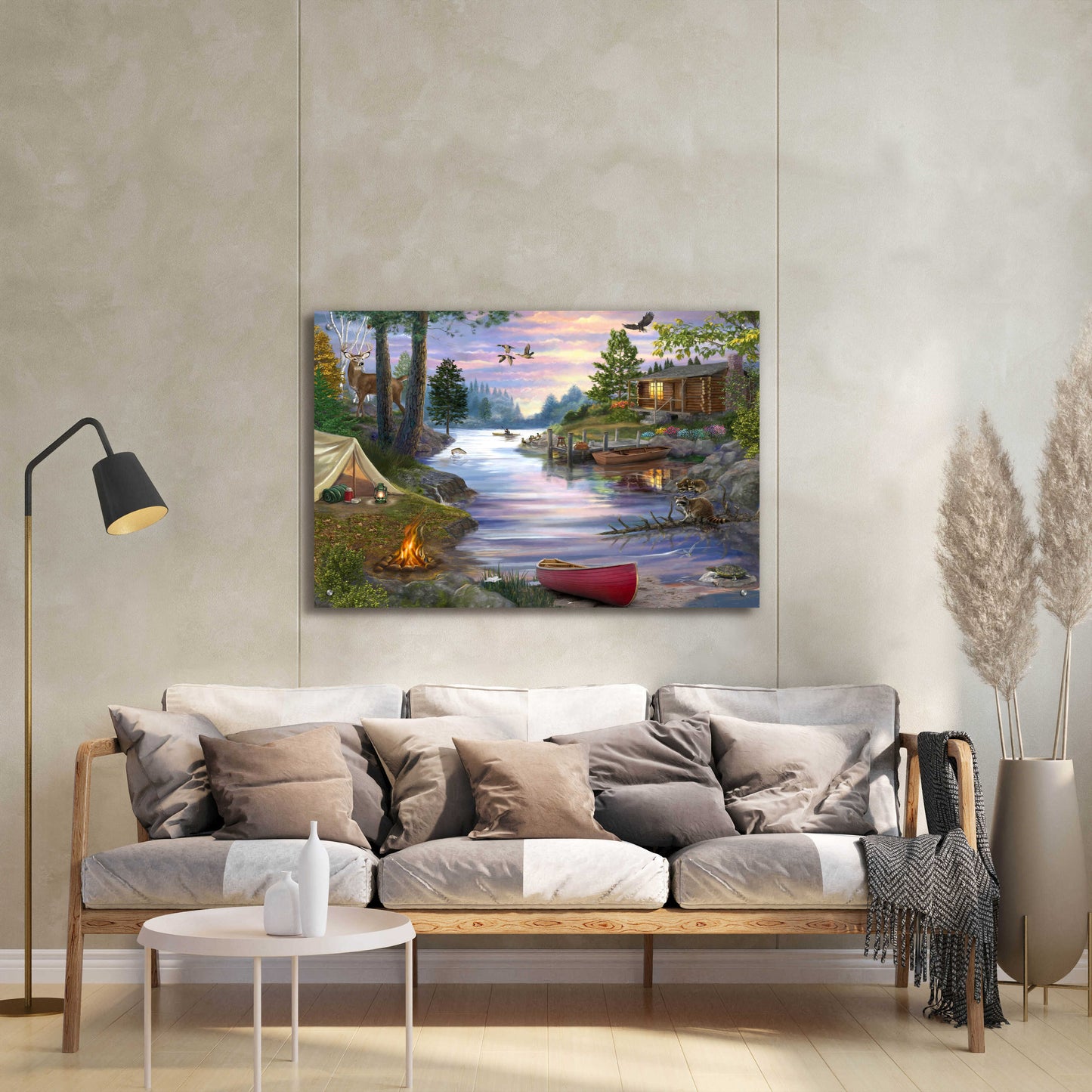 Epic Art 'Cabin Lake' by Bigelow Illustrations, Acrylic Glass Wall Art,36x24