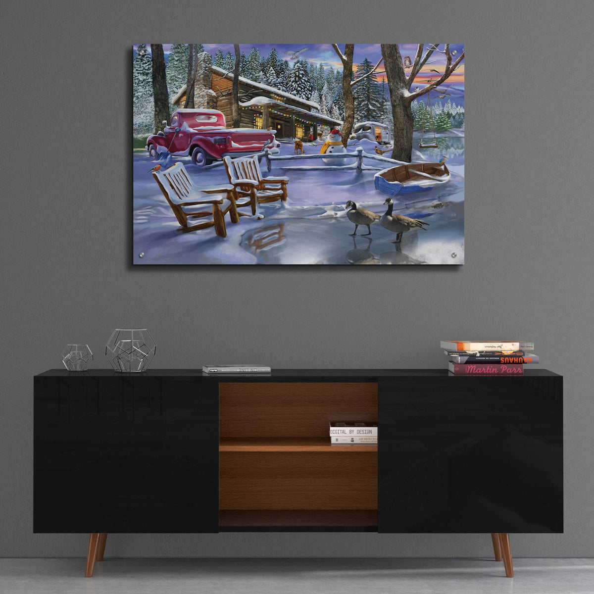 Winter Cabin by Bigelow Illustrations - 36x24 acrylic wall art in a room