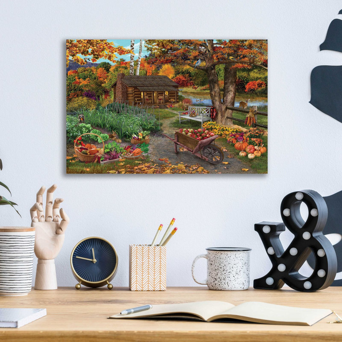 Harvest at the Cabin by Bigelow Illustrations - 16x12 acrylic wall art in a room