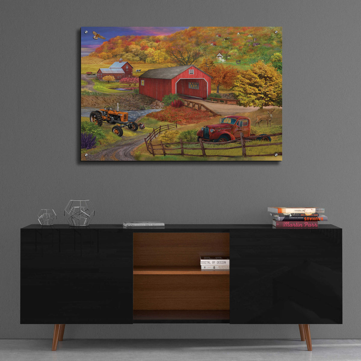 Epic Art 'Fall Bridge' by Bigelow Illustrations, Acrylic Glass Wall Art,36x24