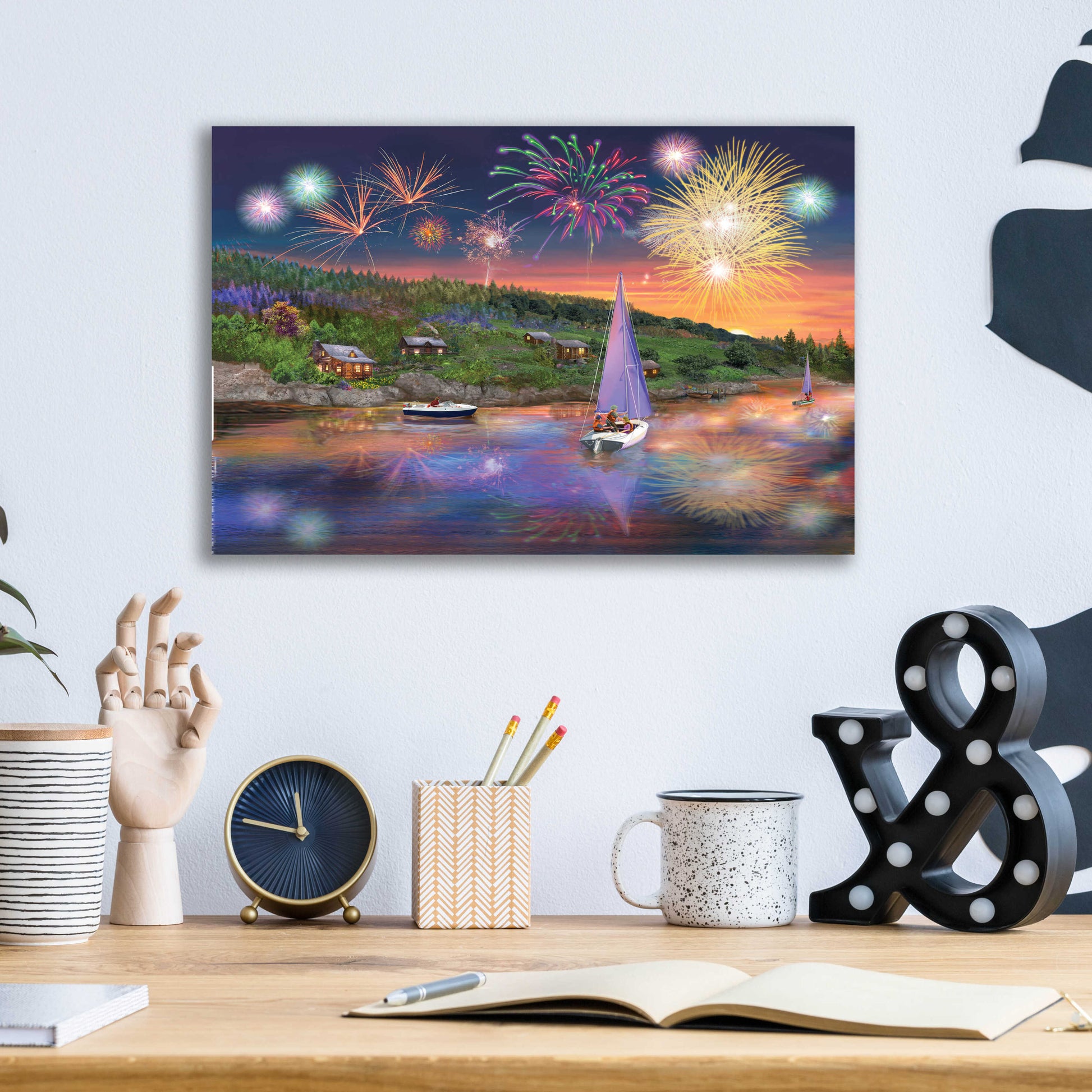 Epic Art 'Sailboat Fireworks' by Bigelow Illustrations, Acrylic Glass Wall Art,16x12