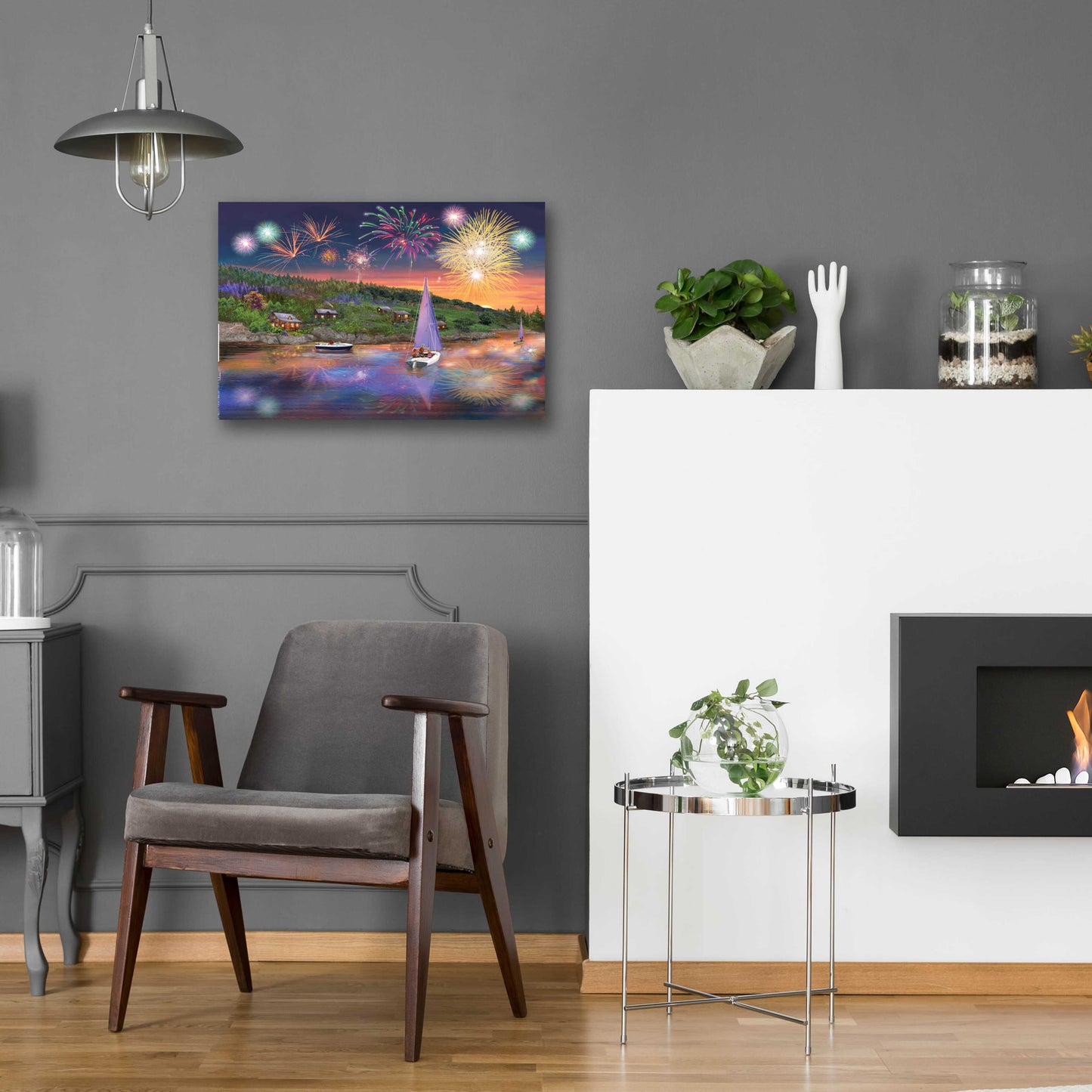 Epic Art 'Sailboat Fireworks' by Bigelow Illustrations, Acrylic Glass Wall Art,24x16