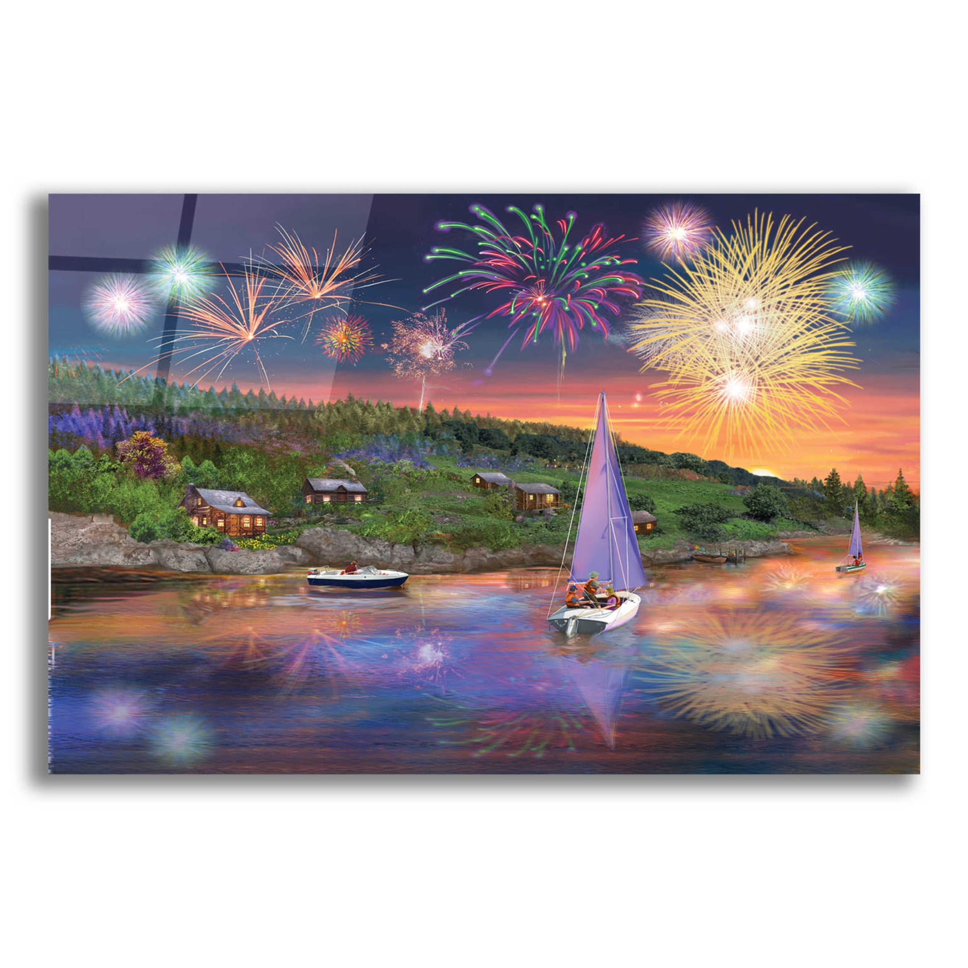 Epic Art 'Sailboat Fireworks' by Bigelow Illustrations, Acrylic Glass Wall Art,24x16