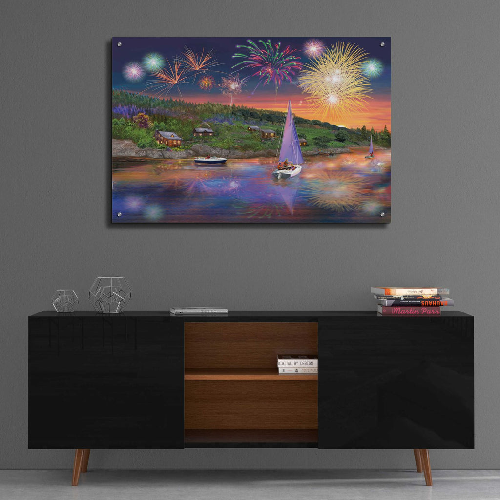 Sailboat Fireworks by Bigelow Illustrations - 36x24 acrylic wall art in a room