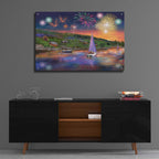 Sailboat Fireworks by Bigelow Illustrations - 36x24 acrylic wall art in a room