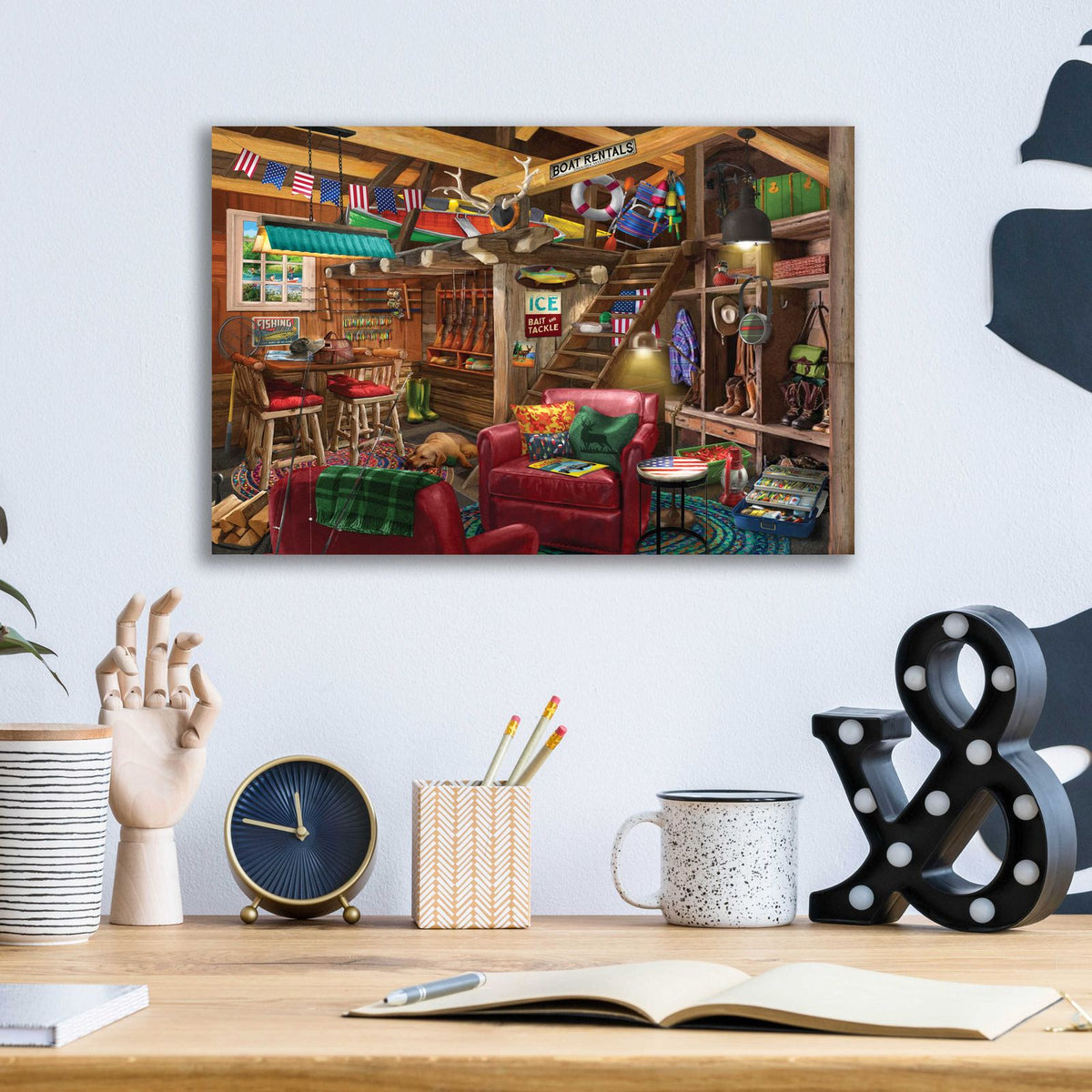 Fish Hunt or Hibernate US by Bigelow Illustrations - 16x12 acrylic wall art in a room