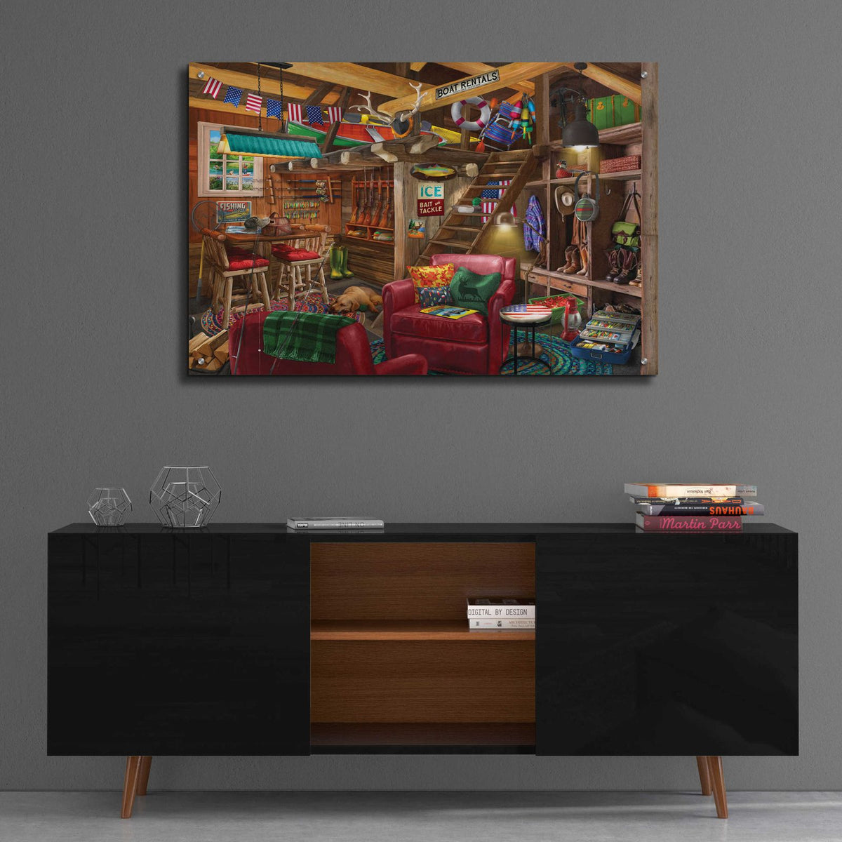 Fish Hunt or Hibernate US by Bigelow Illustrations - 36x24 acrylic wall art in a room