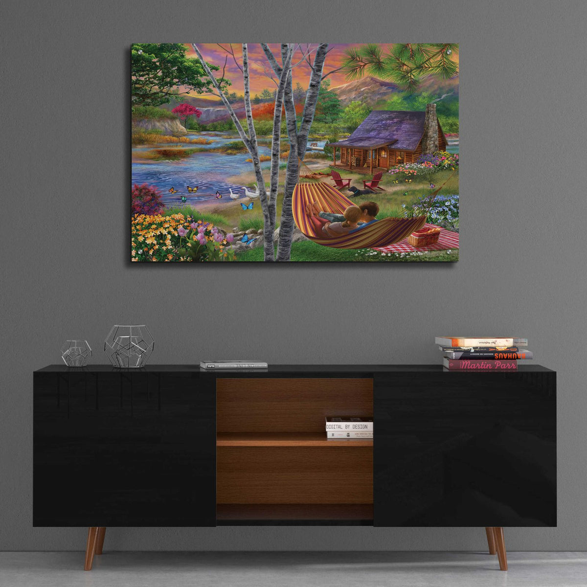 Summer Lakehouse by Bigelow Illustrations - 36x24 acrylic wall art in a room