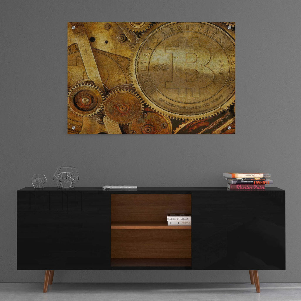 Grunge Bitcoin One by Steve Hunziker - 36x24 acrylic wall art in a room