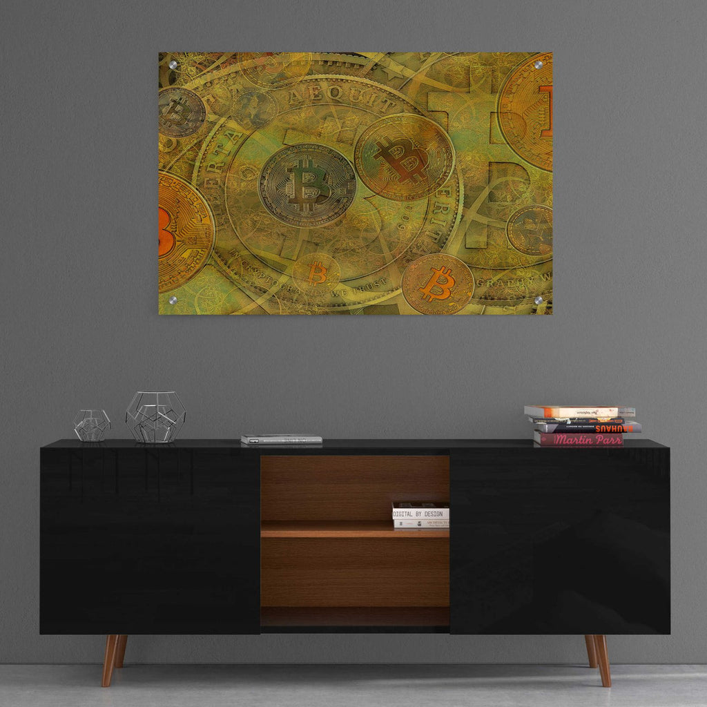 Grunge Bitcoin Two by Steve Hunziker - 36x24 acrylic wall art in a room