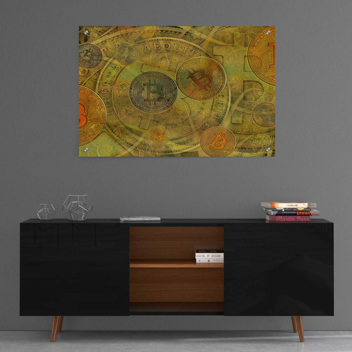 Grunge Bitcoin Two by Steve Hunziker - 36x24 acrylic wall art in a room