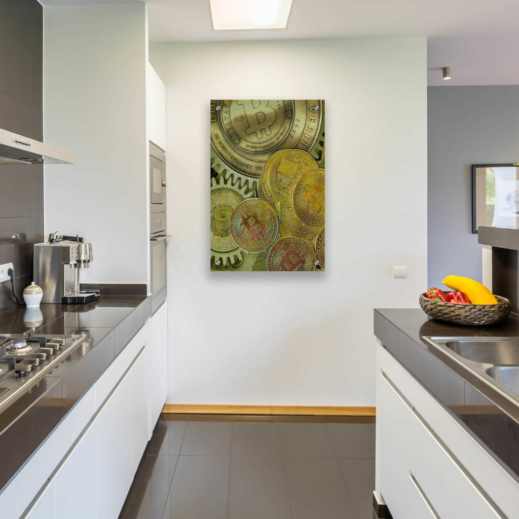 Grunge Bitcoin Three by Steve Hunziker - 24x36 acrylic wall art in a room