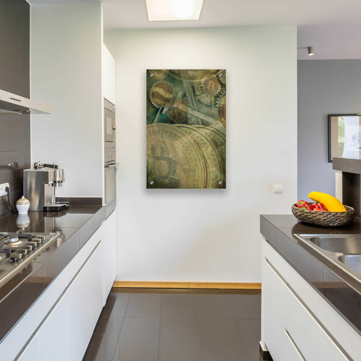 Grunge Bitcoin Four by Steve Hunziker - 24x36 acrylic wall art in a room