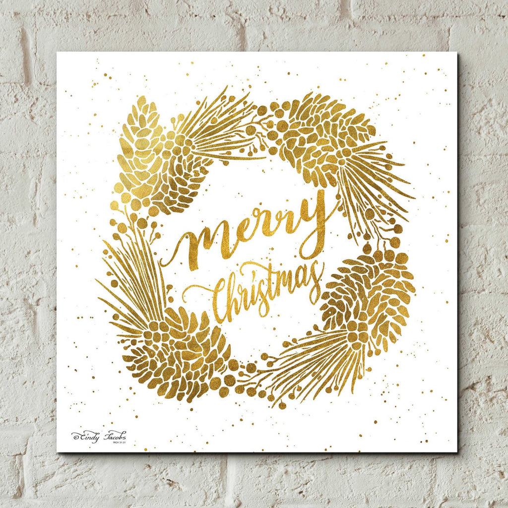 Merry Christmas Gold Wreath by Cindy Jacobs - 12x12 acrylic wall art in a room