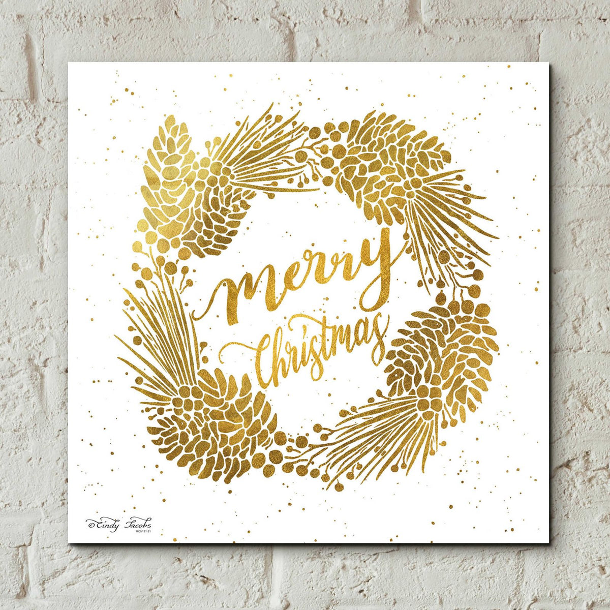 Merry Christmas Gold Wreath by Cindy Jacobs - 12x12 acrylic wall art in a room