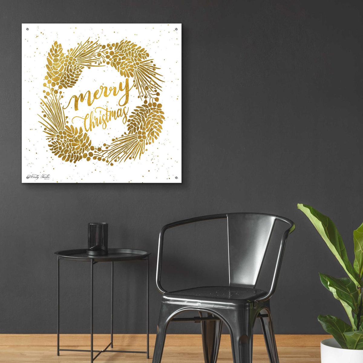 Merry Christmas Gold Wreath by Cindy Jacobs - 36x36 acrylic wall art in a room