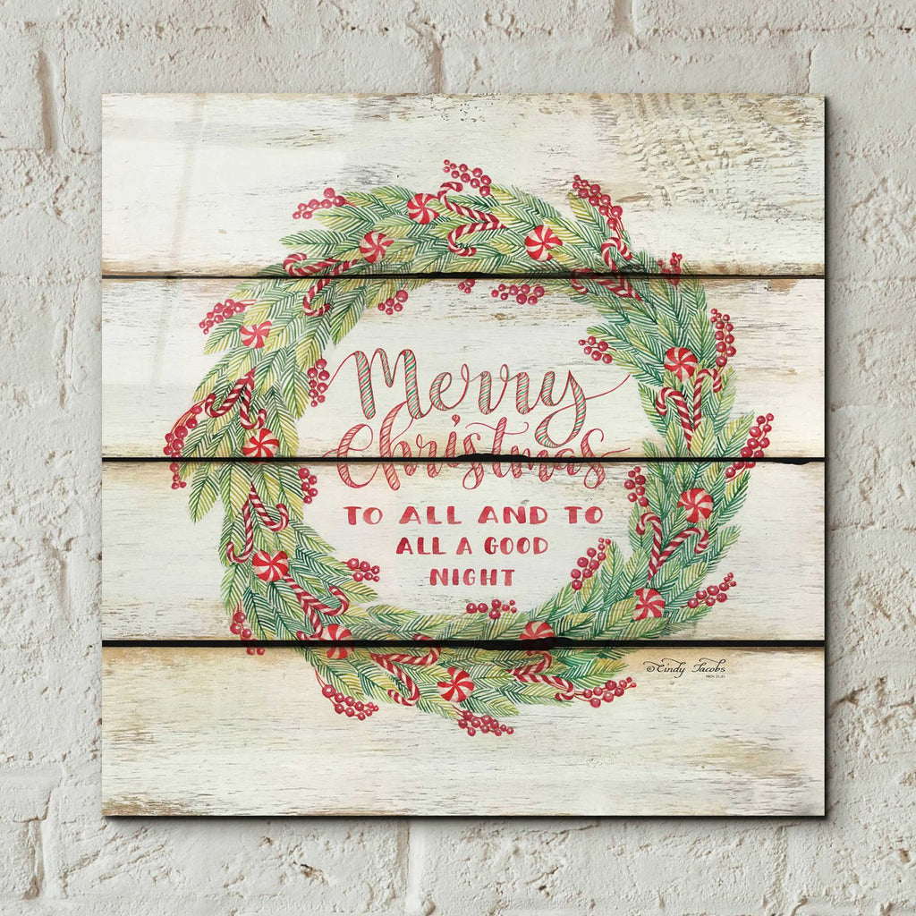 Merry Christmas Candy Cane Wreath by Cindy Jacobs - 12x12 acrylic wall art in a room